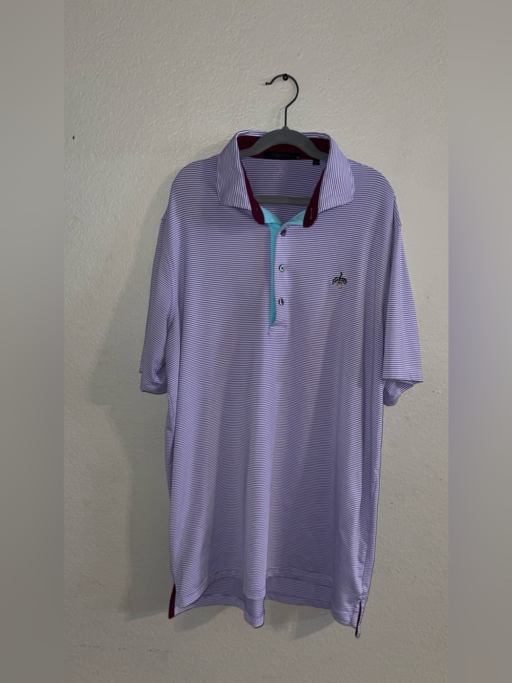 Greyson Lavender Striped Polo with Aqua Placket and Burgundy Trim